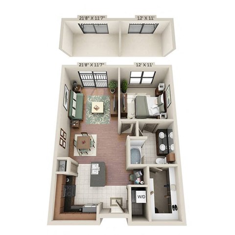 A 21 feet by 11 feet floor plan of a house with a kitchen, living room, dining room, and bathroom.